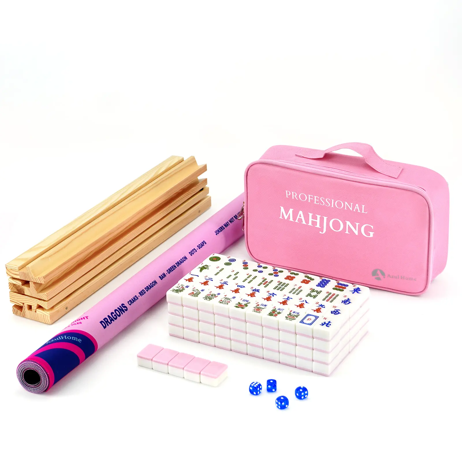 American Mahjong Game Set with Pink Carrying Bag,166 Premium Pink Tiles (1.4''), Large Size Wooden Mahjong Rack/Pushers with Bag, Chips, English Manual, Complete Mah jongg, Mahjong Tiles Set