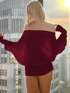 Women's Solid Off The Shoulder Sheer Ruched DressFashion Casual Long Sleeve Mini Dress for Party ClubHoliday, Women Dress for Spring & Fall, LongsleevesWomenswear, Sneaky Peek Dress, Minimalist Party DressesClassy Modest Dresses