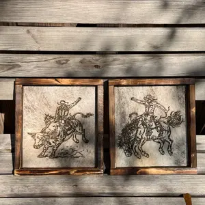 Western Rodeo Cowhide Wall Art Set Laser Engraved Bull & Bronc Rider Rustic Framed Western Decor Set of 2