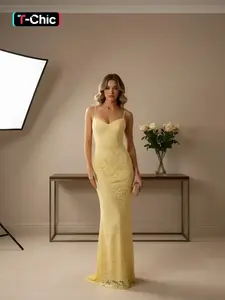 Women's Elegant Romantic Evening Date Valentine's Day Sweet Feminine Formal Dress, Slim-Fitting Spaghetti Strap Sleeveless Lace Mesh Long Dress, Sexy Plain Style
