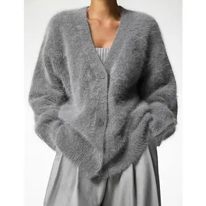 Women's plush cardigan sweater V-neck long sleeved button low cut furry knitted sweater 2025 autumn/winter fashion knitted sweater