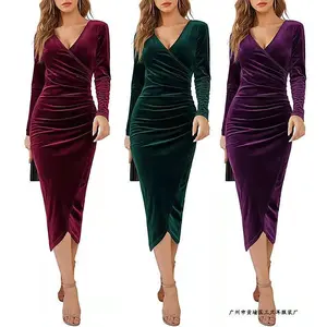 Fall Winter Womens V Neck Asymmetrical Midi Dress Emerald Green Velvet Wrap Design Long Sleeve Bodycon Fit Irregular Hem Ideal for Date Nights Holiday Dinner Parties Chic Formal Wear Can be used with a raincoat
