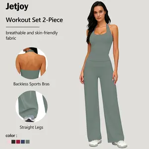 Jetjoy Workout Sets for Women 2 Piece, Padded Backless Sports Bras Halter Top(non-padded) Wide Leg Pants Sets Gym Yoga Work Out Clothes, Matching Wide Leg Pants Sets athleisure Fitness & Casual Wear Yoga Outfits Gym Tracksuit summeroutfit