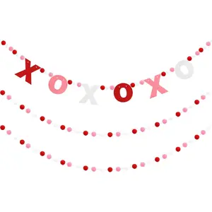 3pcs Valentines Day Decorations Felt Pompom Banner XOXO Love Felt Ball Pre-Assembled Hanging Banner Happy Valentine's Day Garland for Wedding, Anniversary, Mantle, Wall, Party Supplies