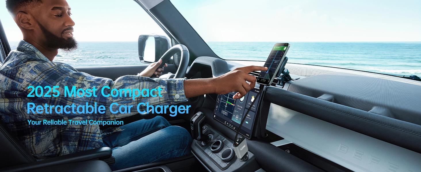 Flexino Ultra-Slim Retractable Car Charger for iPhone 16 63W Fast Charging USB C Adapter with 2.6ft Cord Compatible with iPhone 17 15 Series Galaxy Pixel Grey Port