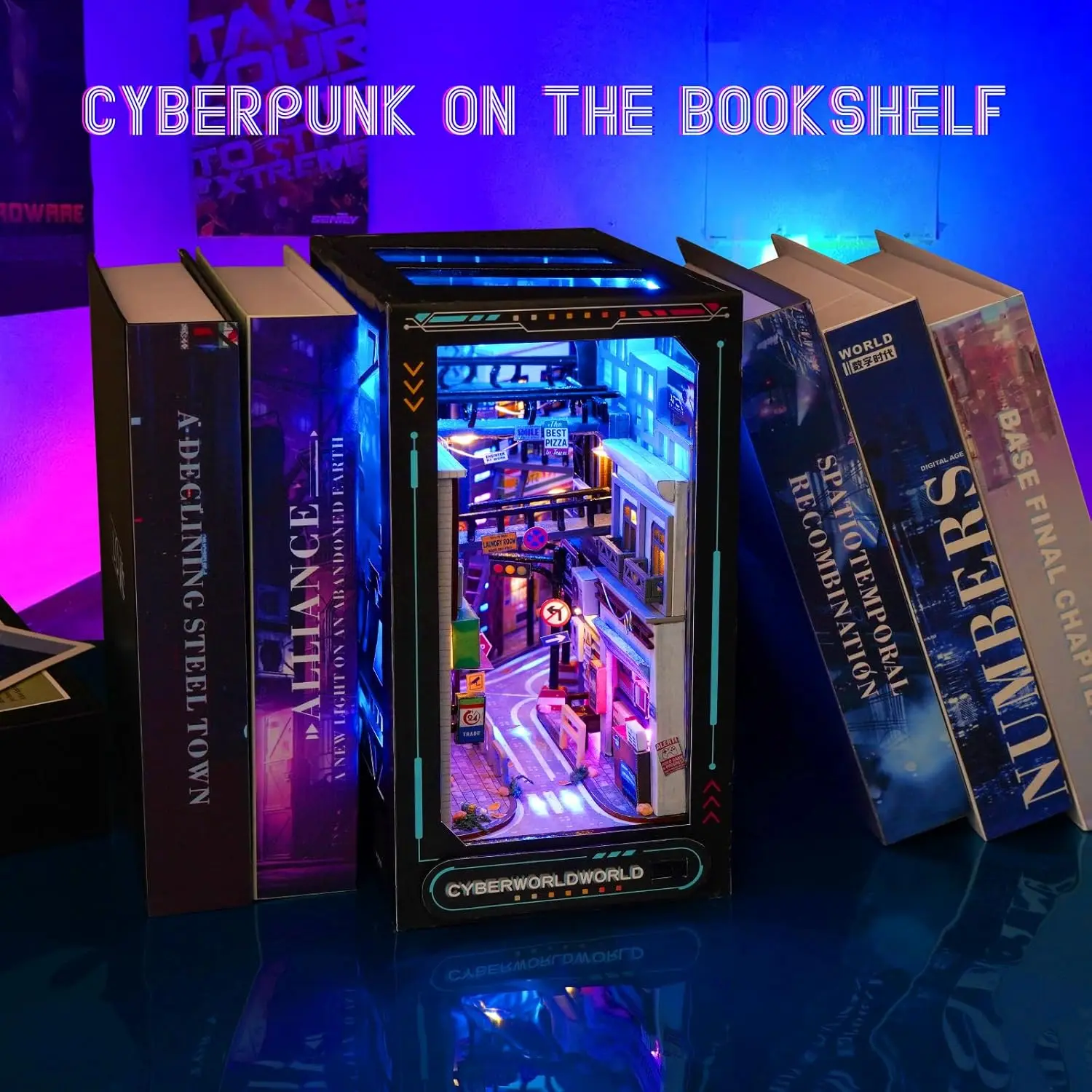 Cyberpunk DIY Book Nook Kit: Futuristic Miniature Diorama.