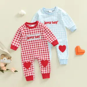 TheFound Baby Boy Valentines Day Outfit Lover Boy Baby Outfit Heart Romper Gingham Long Sleeve Jumpsuit Newborn Clothes