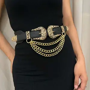 Gold Chain Belt with Double Buckle - Sleek Design & Metal Coating Accessory for Elegant Outfits