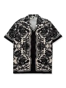 Vintage Floral Print Blouse, Symmetrical Art Design, Casual Fitted Shirt, Short Sleeve, Tropical Hawaiian Style, Aloha Button Shirt, Perfect for Daily Wear