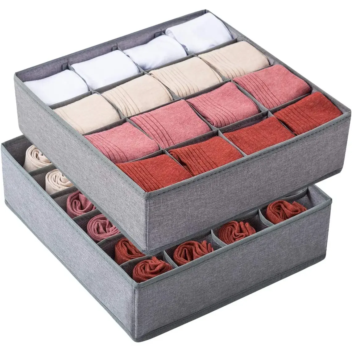 DENVDENCY 2 Pack Sock Organizer Underwear Organizer, 40 Cell Sock Drawer Organizer Fabric Foldable Cabinet Closet Organizers and Storage Boxes, Underwear, Tie, Belt, Baby Clothes(16+24 Cell, Gray) DENVDENCY
