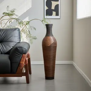 ARCH Hand-Woven PVC Rattan Floor Vase, 39 Inch Tall Black Gray Decorative Vase for Home Decor, Farmhouse Boho Style Vase for Living Room, Entryway, Office (5.5in Top Diameter)    RR