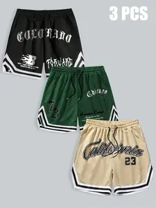 Men's 3-Pack Elastic Waist Basketball Shorts, Gothic Colorado/chicago/california Letter Print, Y2K Retro Streetwear, Summer Fashion