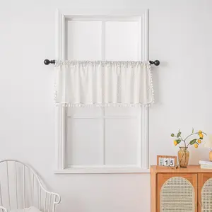 18 Inch Curtain Valance for Kitchen Cafe, Short Boho Sheer Lace Crochet Curtain Knitting with Handmade Macrame Tassels for Dinning Room,  Chic Home Decor W59 x L18, 1 Panel, White