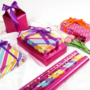 Metallic Hot Pink Wrapping Paper Roll, Shiny Fuchsia Aluminized Gift Wrap for Girls & Party, Y2K Checkered & Heart Patterns, Glossy Reflective Packaging, 1 Roll