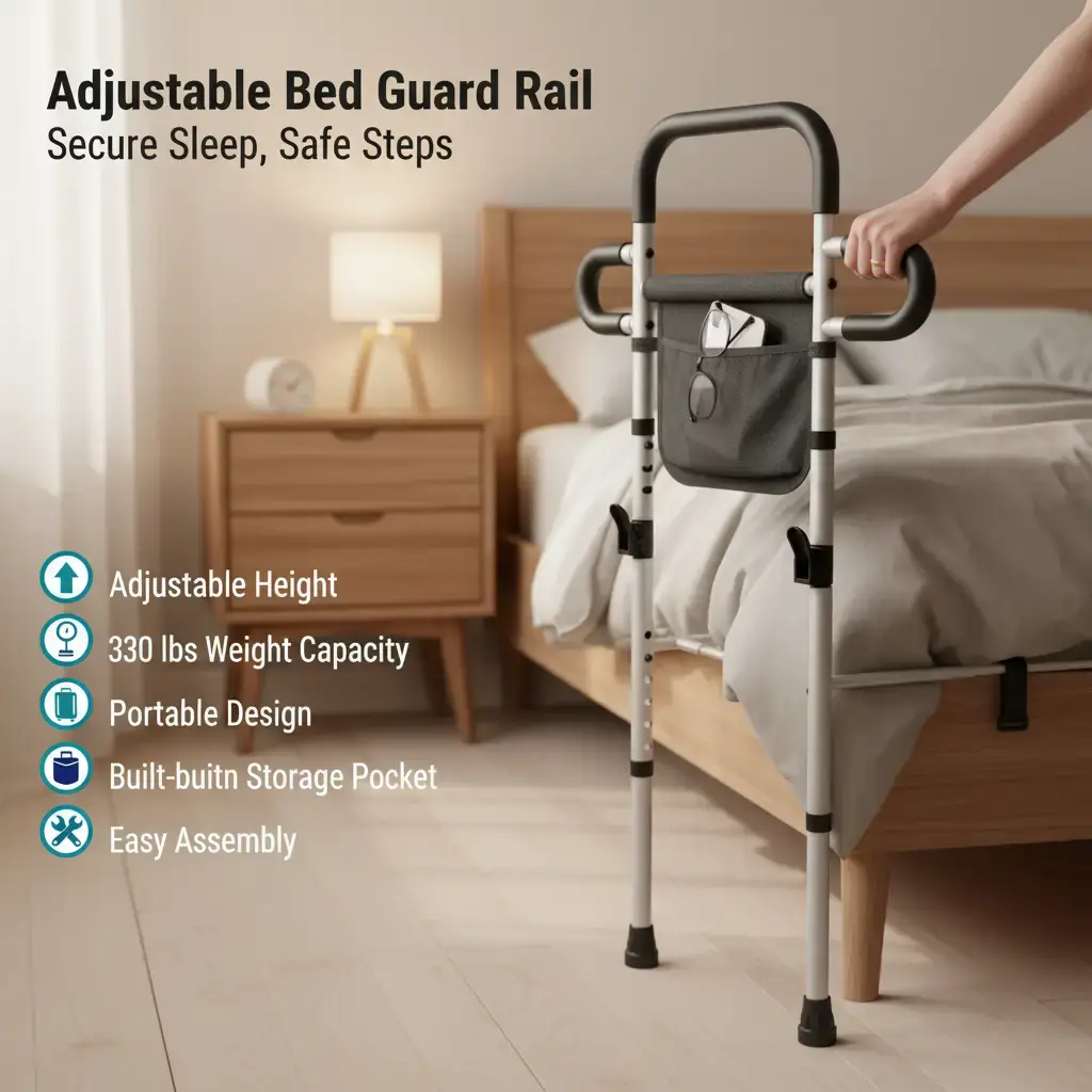 ZEX014-V3 Bed Guard Rail for Elderly Adults - Adjustable Safety Guardrails for Full Size, Portable Bed Cane with Storage Pocket, 330 Lbs Capacity, Easy Setup, Bedside Stability Support