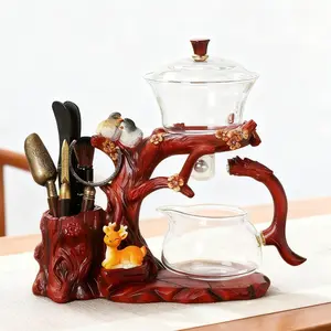 Lazy Kungfu Glass Tea Set Semi Automatic Drip Rotating with Infuser Glass Teapot (Red Bird)