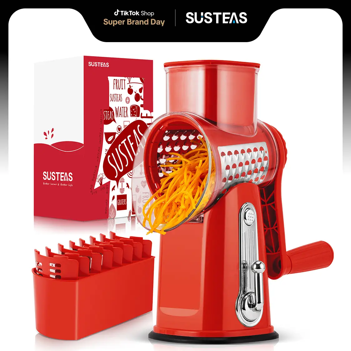 SUSTEAS Rotary Cheese Grater with Handle, 5 Replacement Blades, BPA Free, Built-in Strong Suction Base, Dishwasher Safe, 18/10 Stainless Steel Springt