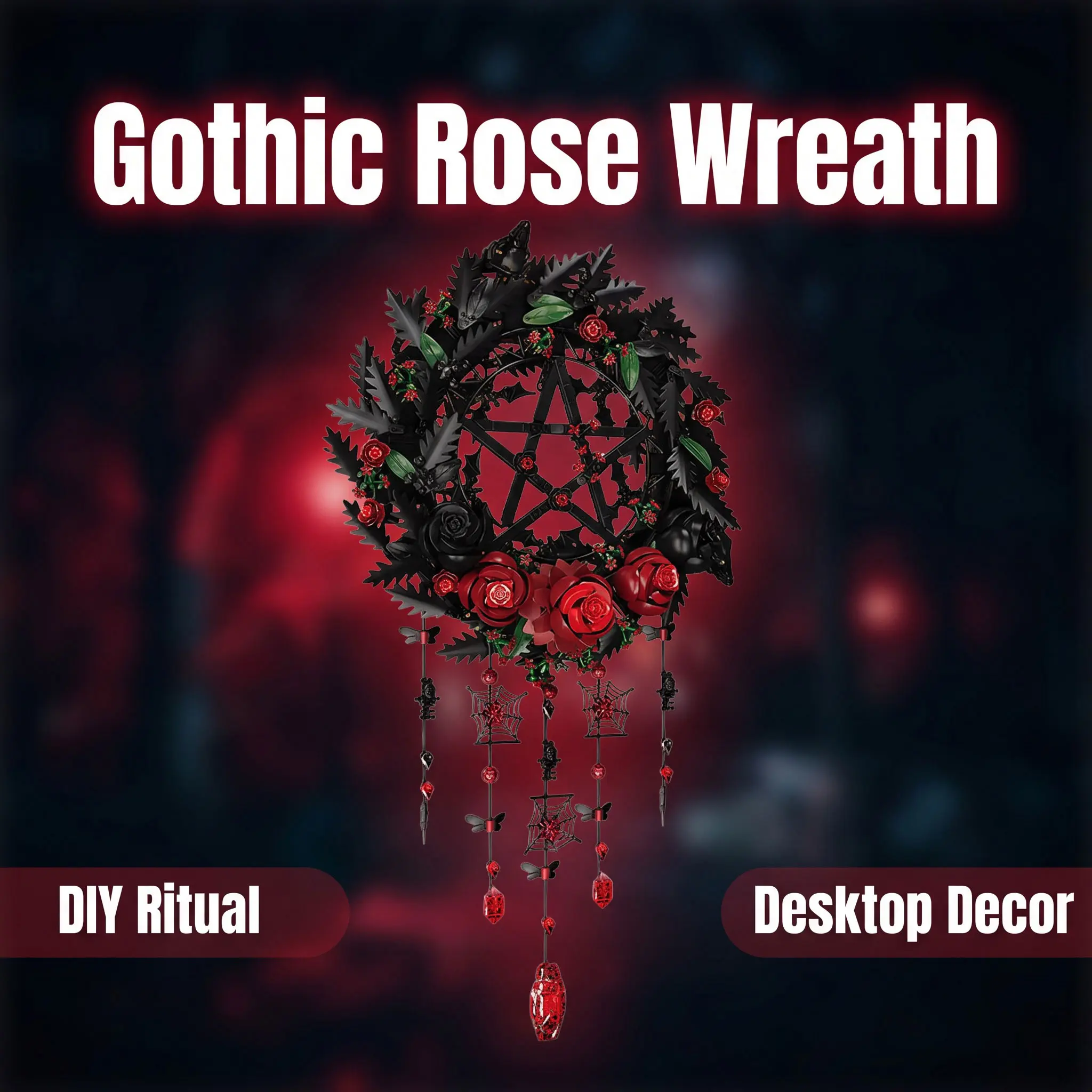 Gothic Pentagram Rose Wreath Building Blocks Set, Dark Aesthetic Wall Hanging Decor Bricks with Spider Web Bat & Crystal Pendants, Halloween Gothic Art Ornament Gift for Adults Goth Lovers