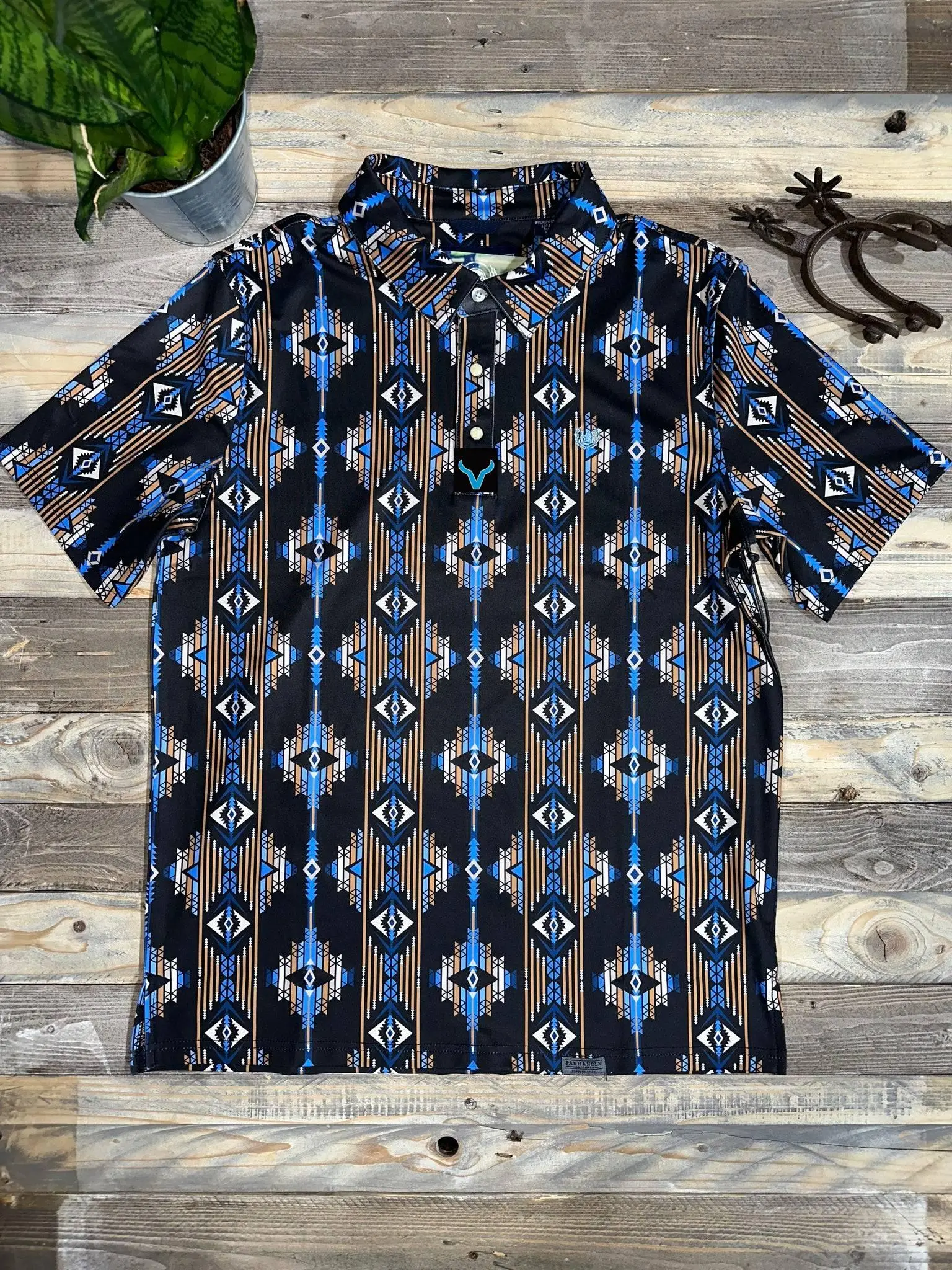 Vexil Brand - Black/Blue Aztec Polo Men's Short Sleeve Performance Polo, Golf Lovers Gift, Summer Golf Polo Shirt Menswear Top Outdoor All Print