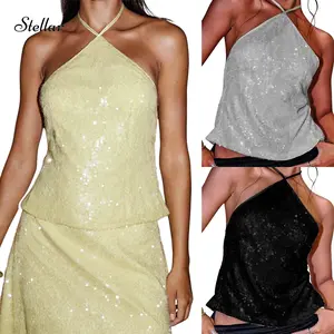 Women Sleeveless Halter Tops Shiny Sequins Tie Up Backless Shirts For Club Streetwear