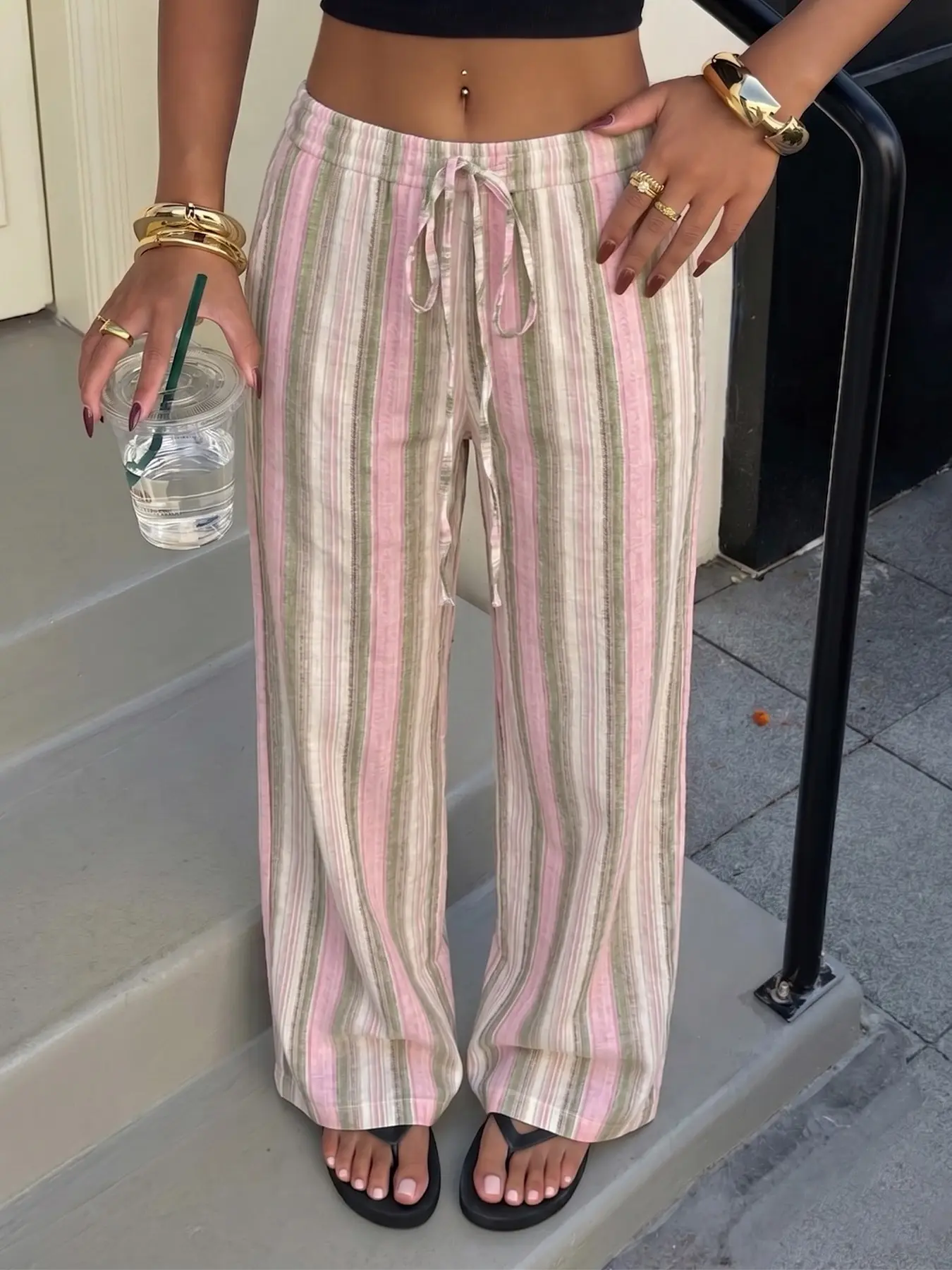 Women's Striped Linen Cotton Long Pants, Casual Wide Leg Beach Vacation Pants, Summer Beachwear, Casual Soft Comfy, Comfortable and Stylish, Casual Fit Bottoms, Casual Fashion Bottoms