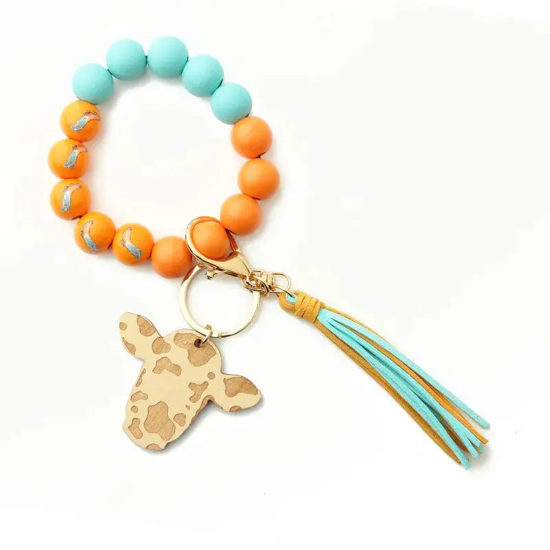 Turquoise & Orange Beaded Keychain Wristlet W/ Wooden Cow Head