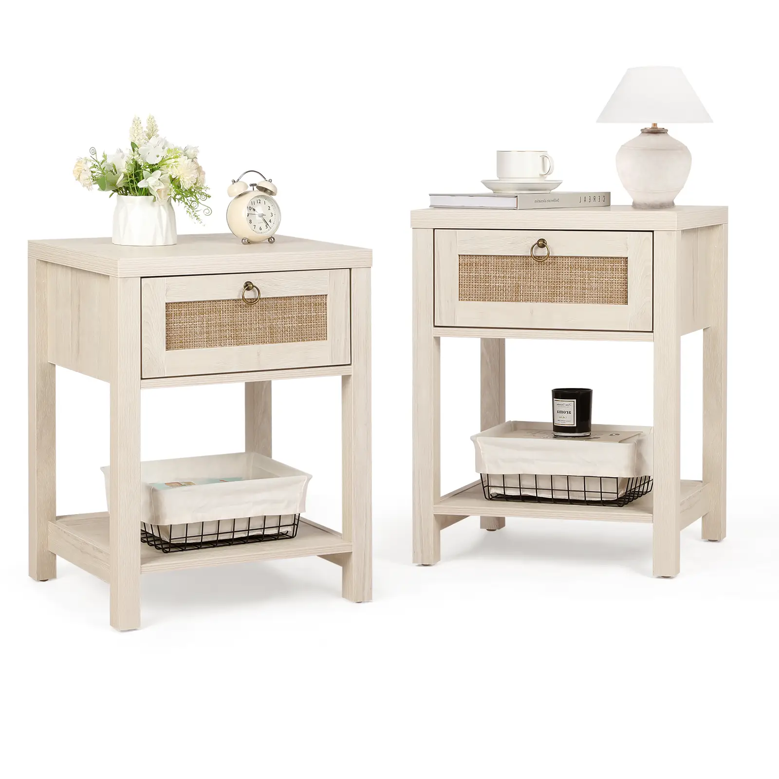 VOWNER 2 PCS White Rattan Nightstand Set of 2 with Drawer, Vintage Metal Pull Handle, Bedside Table, Side Tables & Storage Shelves for Bedroom