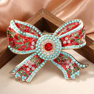 Large Red & Turquoise Bow Tie Brooch - Sparkling Rhinestone Jewelry Pin with Christmas Holiday Party, Elegant Wedding/Event Accessory - Year-Round Gift for Women (No Plating Needed), Wedding Accessories