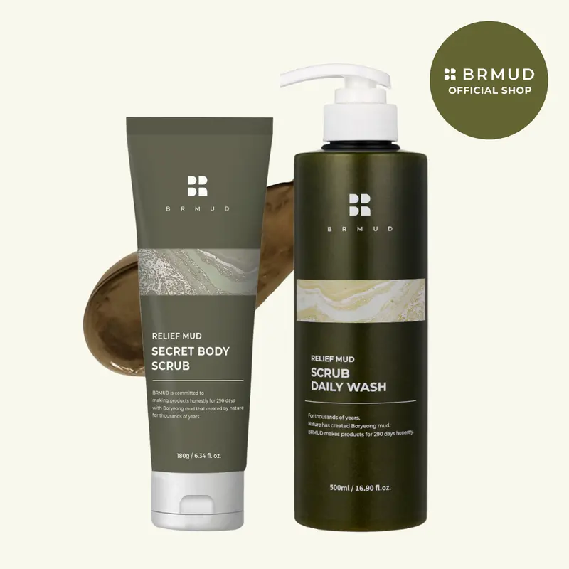 BRMUD Relief Mud Spa Body Care Bundle - Secret Exfoliator Scrub, Daily Wash, Gentle Hydrating Gel with Salicylic Acid for Smoother Skin, Sensitive Skin Self Care Products with Moisture