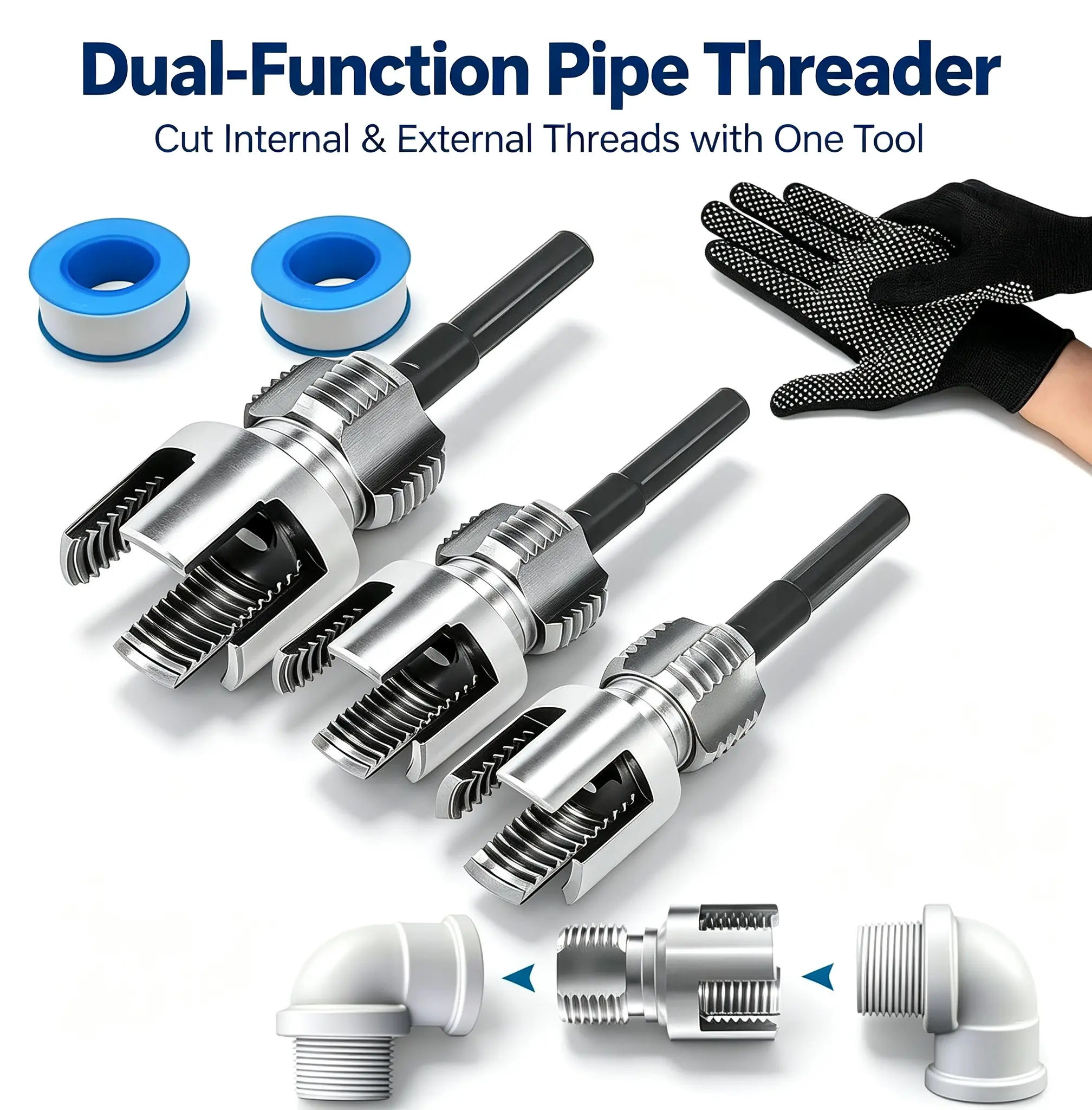 3-Piece Heavy-Duty Alloy Pipe Threading Tool Set, 1/2", 3/4", 1" Internal & External Thread Maker, Electric Drill & Hand Tool Compatible, For PVC PPR MPP Plastic Water Pipe, Great for DIY and Professional Plumbing Installation & Repair