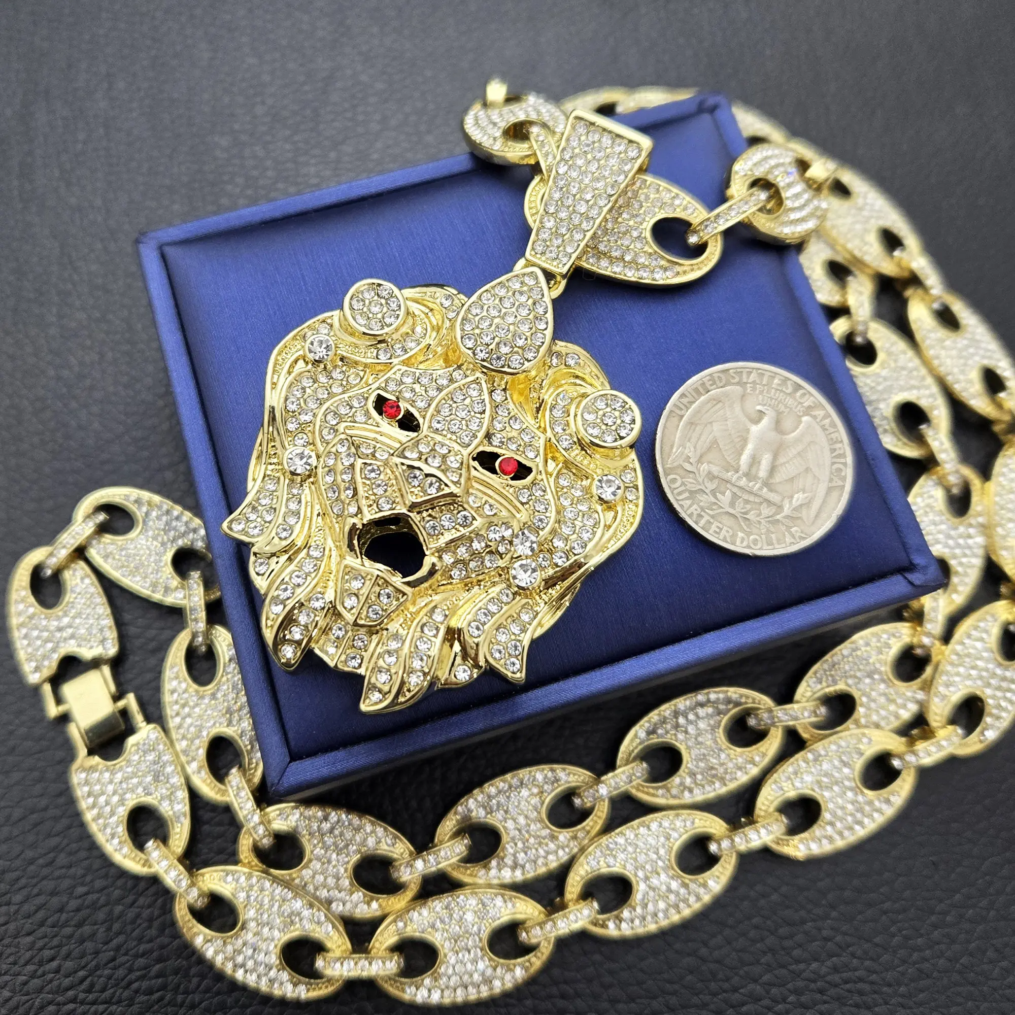 MaxBling81 Men's 55mm Gold-Plated Lion Head Large Pendant with 15mm 30in Iced Mariner CZ Curb Cuban Link Chain, Unique Fresh Design Iced Out Costume Necklace, Rhinestone Cuban Link Bling Stylish Accessory, Iced Out Jewelry, Curb Cuban Chain