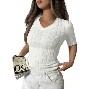 Sweatyrocks Women'S 3D Floral Short Sleeve Cable Knit Sweater Tops V Neck Casual Pullovers SweatyRocks