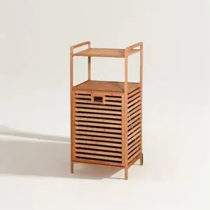 LEROY MORGAN Bathroom Laundry Basket Bamboo Storage Basket with 2-tier Shelf 17.32 x 13 x 37.8 inch Natural Style