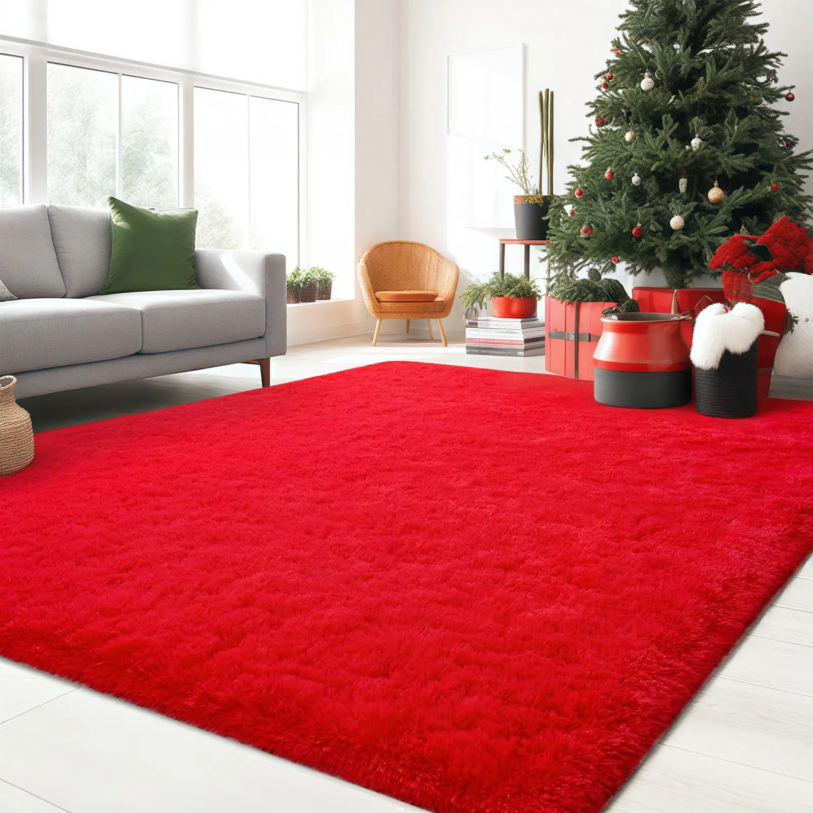 Christmas Red Plain Fluffy Modern Shaggy Area Rug, Machine Washable Super Cozy Decorative Area Rug for Holiday Decor & Key Living Spaces, Fluffy Modern Rug