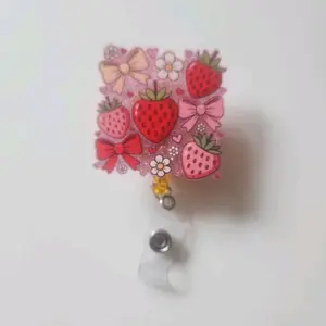Strawberries and Bows Badge Reel - Pink Color with Floral and Bow Design