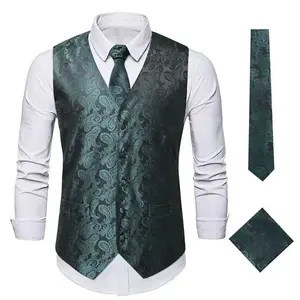 Mens Vest Tie Set 3PC Formal Waistcoat Paisley Floral Jacquard Necktie Pocket Square Suit Vests Wedding Party
