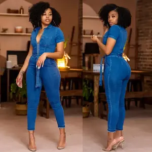 Two-Piece Set Women's Denim Stretch Romper V-Neck Elegant Blue Jeans Pencil Overalls Jumpsuit Dungarees Slim Fit Sleeveless Skinny Minimalist