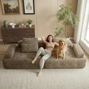 113 Inch Oversized Modular Corduroy Sectional Sofa, No Assembly, Ergonomic Deep Seat Cloud Sofa with Movable Armrests, Removable Pillowcases,Pet‑Friendly Furniture for Living Room Apartment, Free Throw Pillows Included 2 packages Arrived one after another