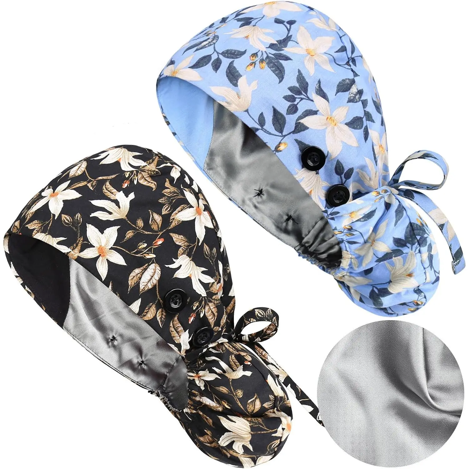 2 Pack Comfortable Satin Lined Scrub Hats with Buttons for Women Staff Dress Up Hat Hat Accessory