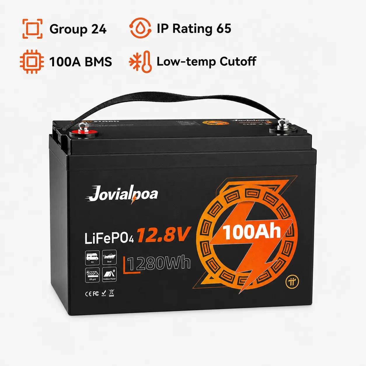 12V 100Ah LiFePO4 Battery, 1280Wh Group 24 Deep Cycle Lithium Battery with 100A BMS and Low-Temperature Charging Cutoff, for RV, Solar, Marine and Off-Grid