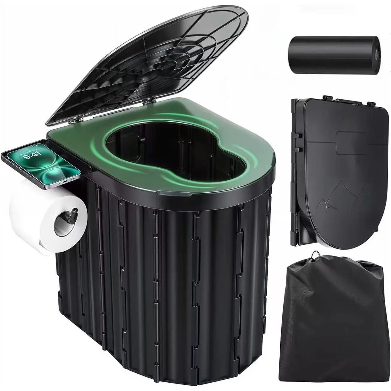 Portable Camping Toilet for Adults – Travel Folding Toilet with Lid & Paper Holder – Compact Potty for Car, Camping, Hiking, Truck, RV & Beach