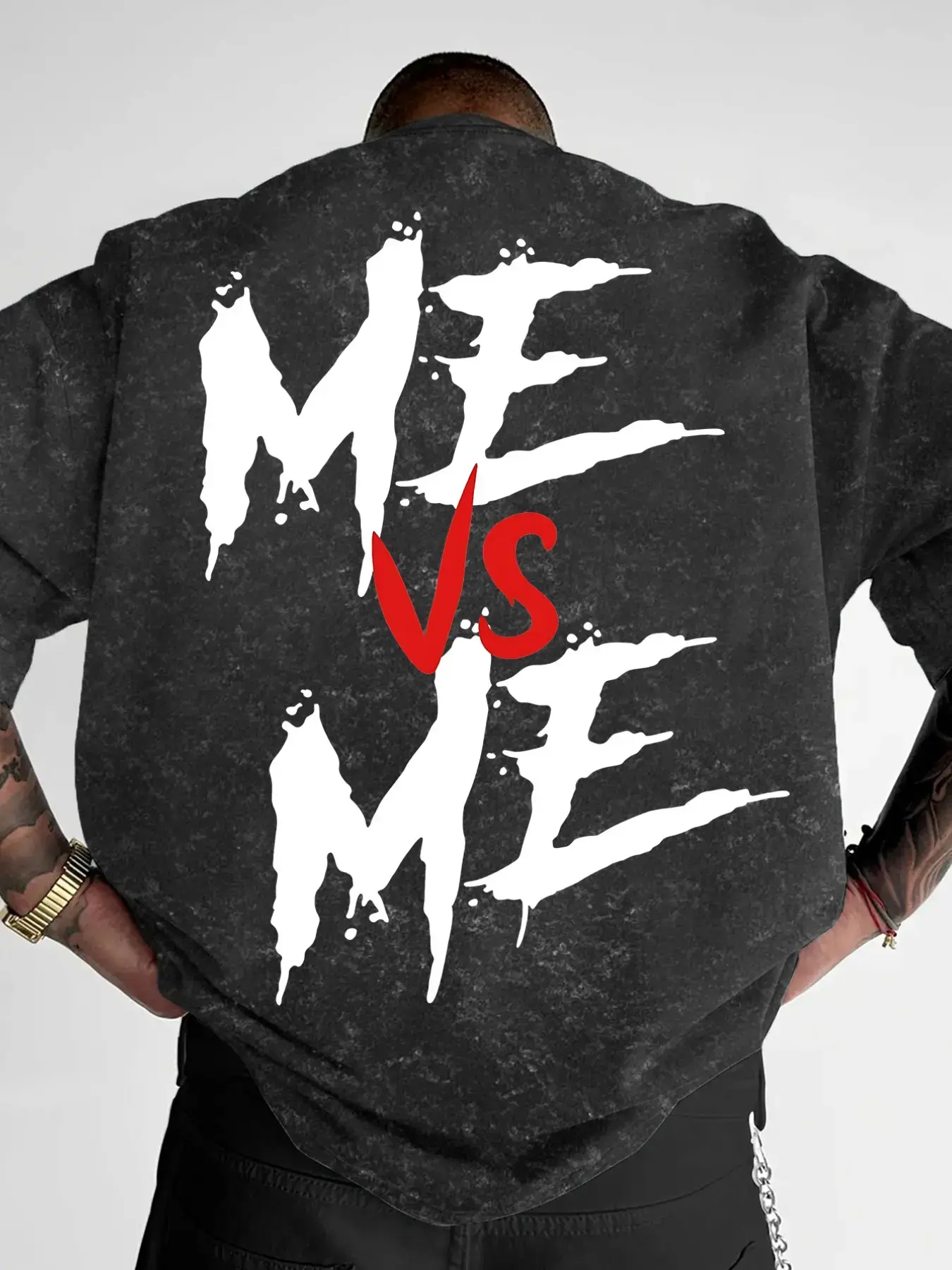 Men's "Me Vs Me" Motivational Graphic T-Shirt, Menswear Washed Vintage Fashion Streetwear Tee, Oversized Text Print Casual Top #MeVsMeTee #WashedVintageTee #MotivationalStreetwear #OversizedGraphicTee #TikTokMadeMeBuyIt