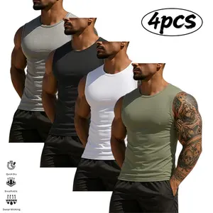 Men’s sleeveless four-pack breathable tank tops, available in multiple colors, 95% polyester, 5% spandex, summer fashion design, suitable for various sports and outdoor running, athletic tank tops.