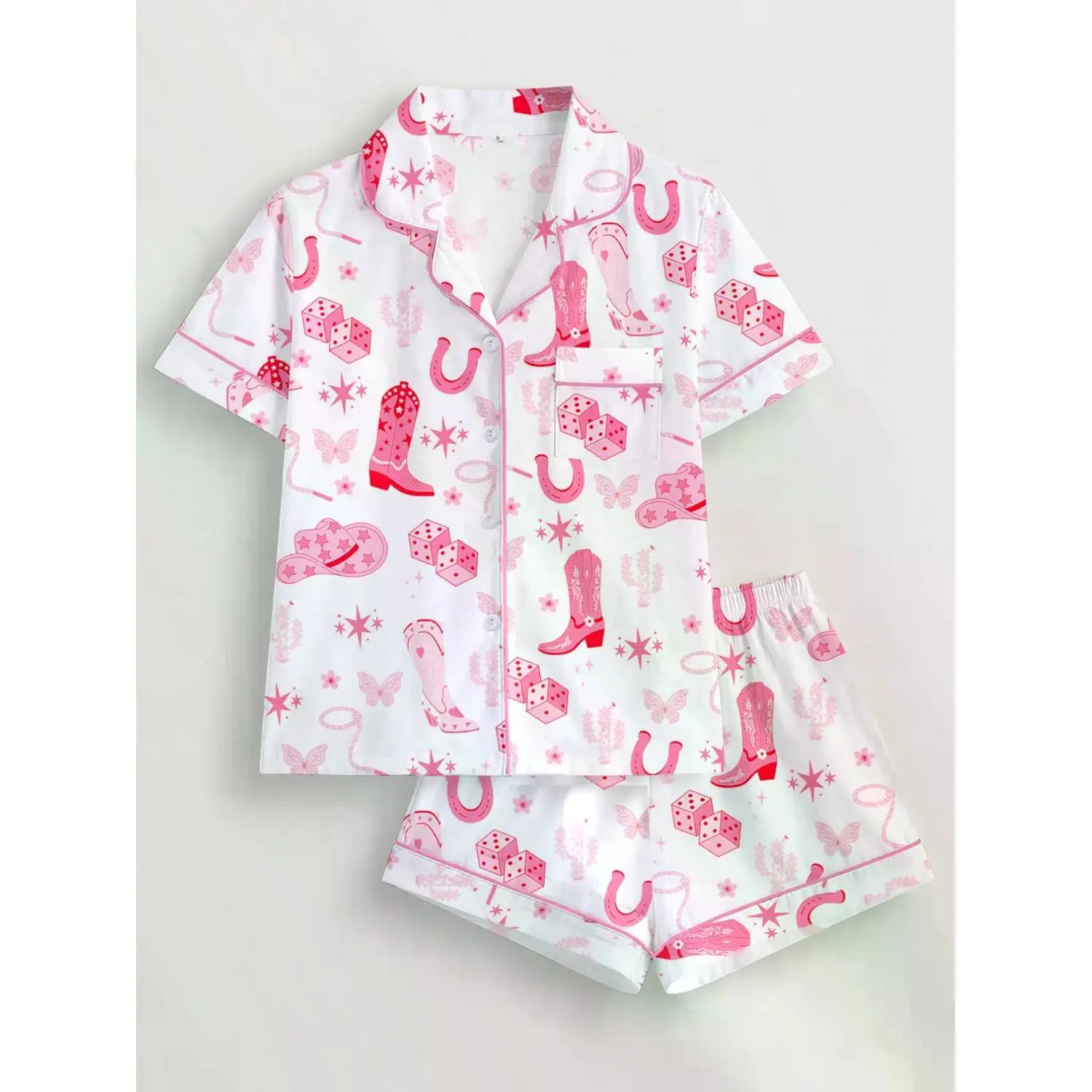 Western Cowboy Print Women's Pajama Set, Casual Fitted Sleepwear & Loungewear with Soft Short Sleeve Top and Elastic Shorts, All-Season Comfort
