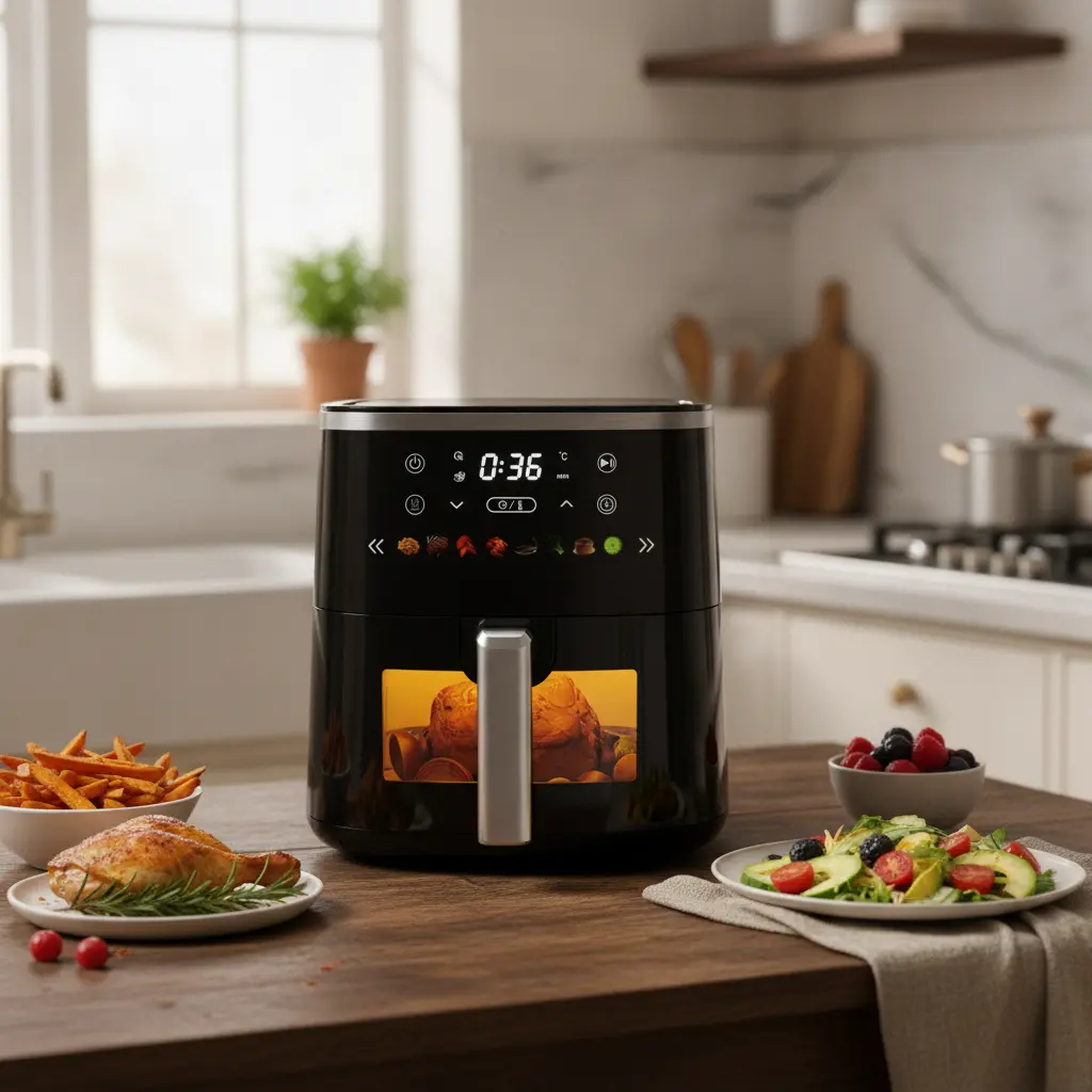 6QT Countertop Air Fryer - Kitchen Convection Appliance with 8 Preset Functions, Visible Window, Adjustable Temperature, Timer, Easy-to-Clean Design, Ideal for Home Use (Crispy Fries, Chicken) - Great Christmas Gift