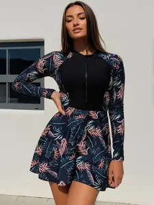 Women's 1-Piece Long Sleeve Rash Guard Swim Dress, Tropical Floral Print, Zipper Design, with Shorts, Ideal for Beach Outfits