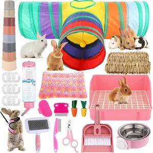 34 count  Starter Kit  Litter Box Small  Water Bottle Cups Bunny Tunnels   Kit Bowl Blanket with Cleaning Set for Guinea Pig Bunny Accessories(Style 1,)