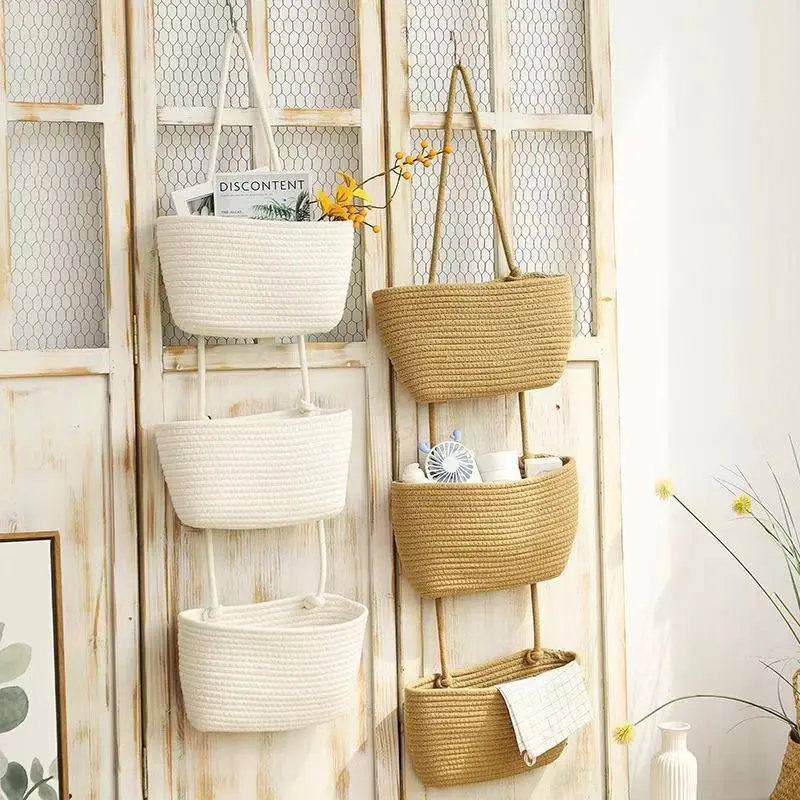 Woven cotton 3-Tier Over the Door Basket, Wall-Mounted Jute Bathroom Storage Organizer – Decorative Nursery Baskets, Perfect for Busy Mom/Dad to Store baby wipes & Light toys; Dormitory Storage,Back to School Must Have