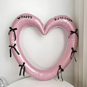 40-Inch Heart-Shaped Hollow Aluminum Foil Birthday Balloon Set with Bow Ribbons Stickers Party Decoration Photo Props Heart Shaped Balloons