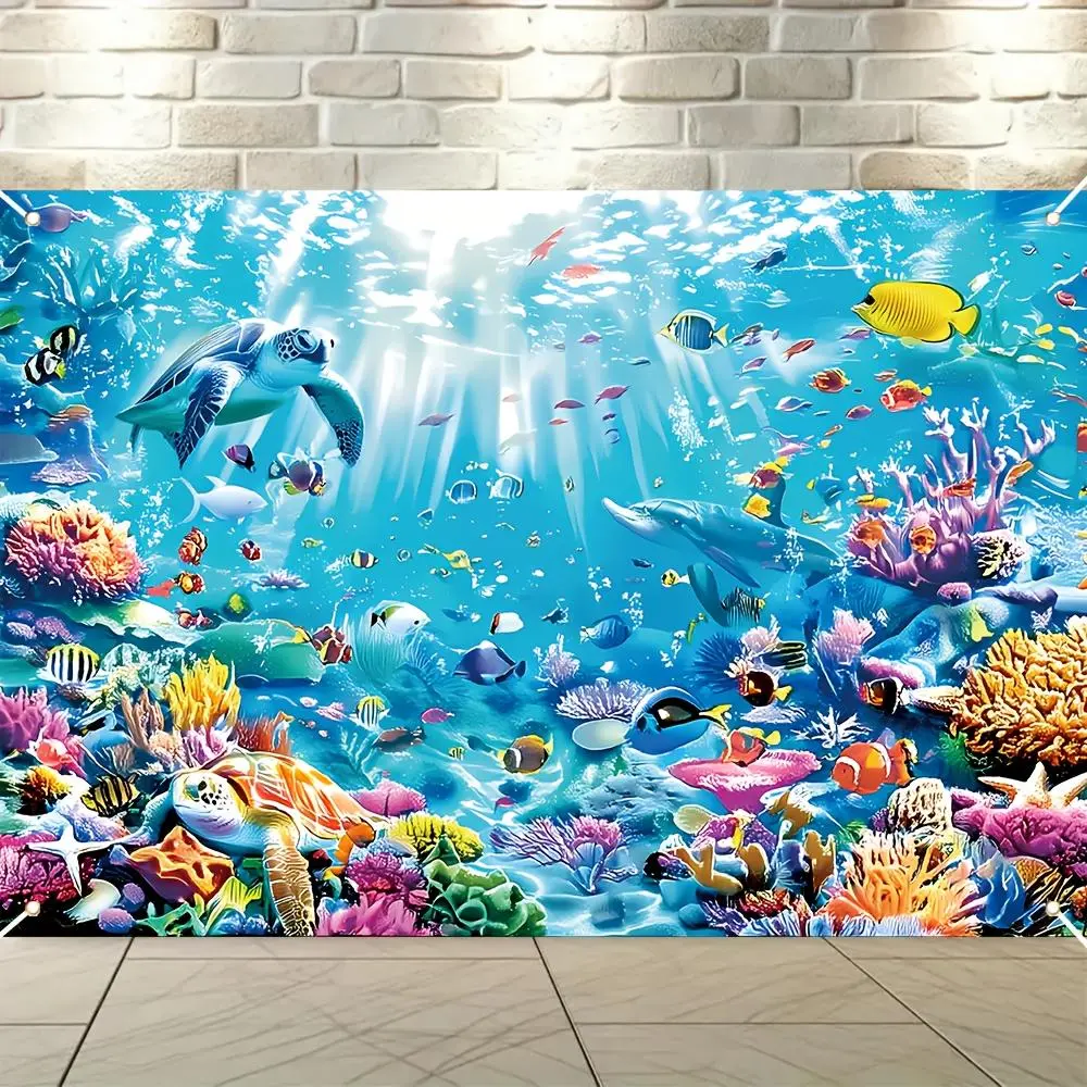 1PC Polyester 2D Flat Underwater World Tapestry Backdrop - Marine Life,Coral,Turtle Themed, Reusable Kids Room Wall Hanging, Birthday-Themed Festive Backdrops & Banners, Home Photography Background
